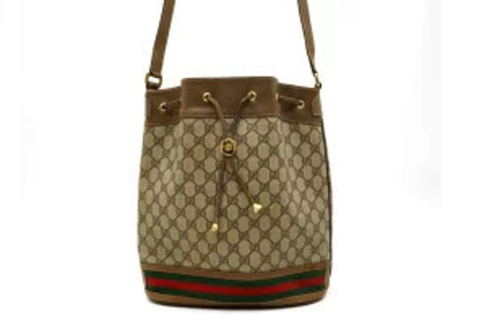 Gucci Accessory Web Stripe Drawstring Bucket GG Supreme Shoulder Bag Brown